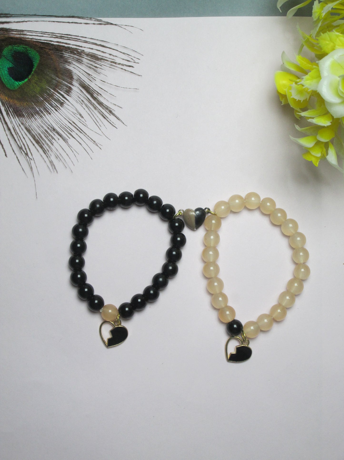 Couple Adjustable Bracelet Set with Half-Heart Charms | Black & Beige Beaded Matching Bracelets+ 1 FREE GIFT