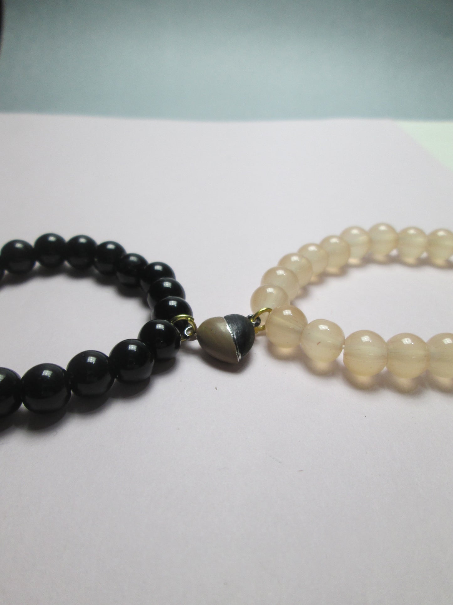 Couple Adjustable Bracelet Set with Half-Heart Charms | Black & Beige Beaded Matching Bracelets+ 1 FREE GIFT