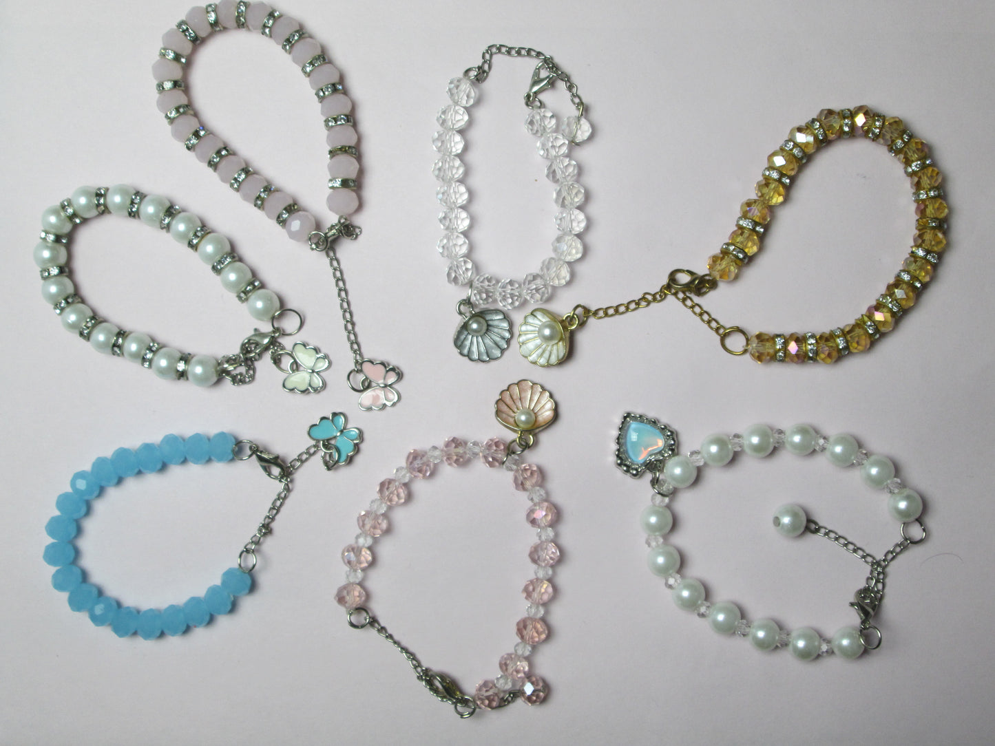 Pack Of 7 Beaded Bracelet Set | Butterfly, Pearl & Shell Crystal Bead Bracelets for Girls & Women + 1 FREE GIFT
