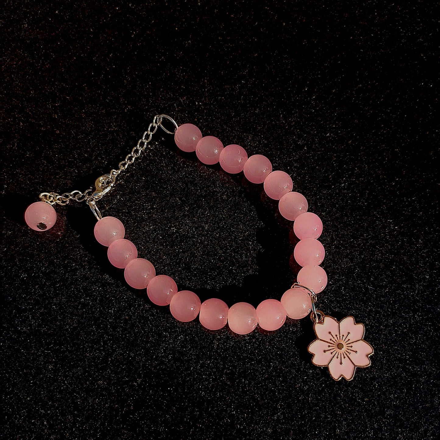 Pink Bead Bracelet with pink flower Charm + 1 FREE GIFT