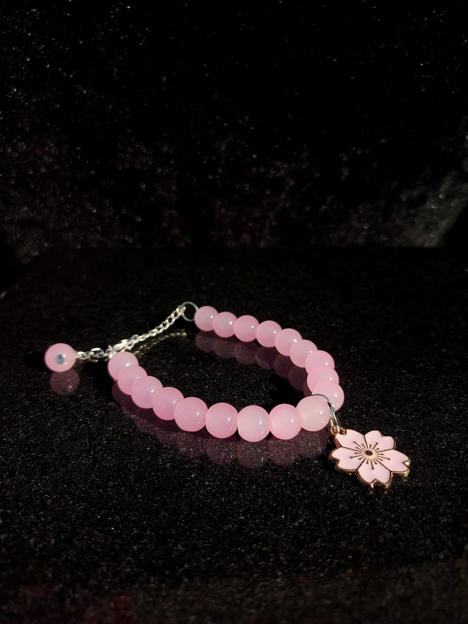 Pink Bead Bracelet with pink flower Charm + 1 FREE GIFT