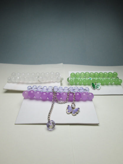 3-Pair Butterfly Adjustable Bracelet Deal | Crystal & Beaded Sets in Lavender, Green & White + 2 FREE GIFT