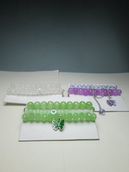 3-Pair Butterfly Adjustable Bracelet Deal | Crystal & Beaded Sets in Lavender, Green & White + 2 FREE GIFT