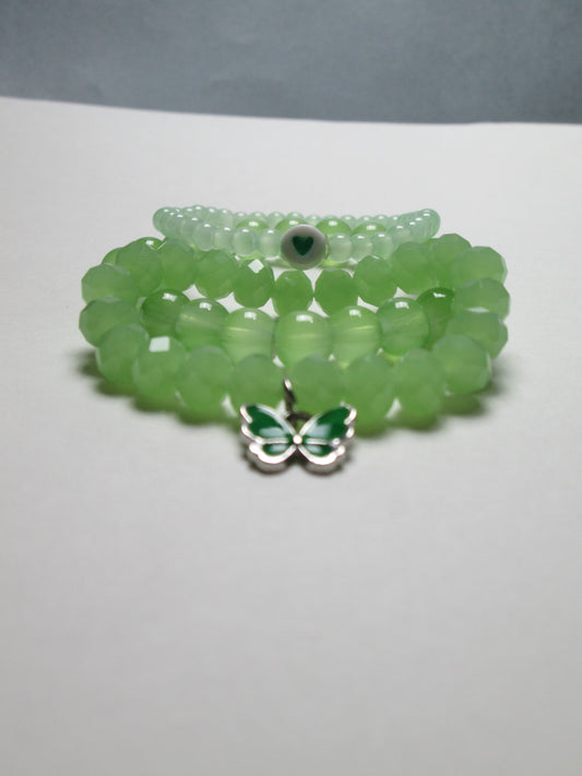 Green Crystal Beaded Bracelet Set | Adjustable Handmade Jewelry + 1 FREE GIFT