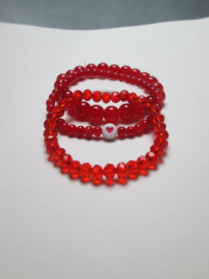 Red Beaded Adjustable Bracelet Set | 3-Piece Stackable Crystal & Heart Charm Bracelets+ 1 FREE GIFT