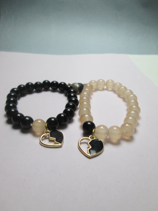 Couple Adjustable Bracelet Set with Half-Heart Charms | Black & Beige Beaded Matching Bracelets+ 1 FREE GIFT