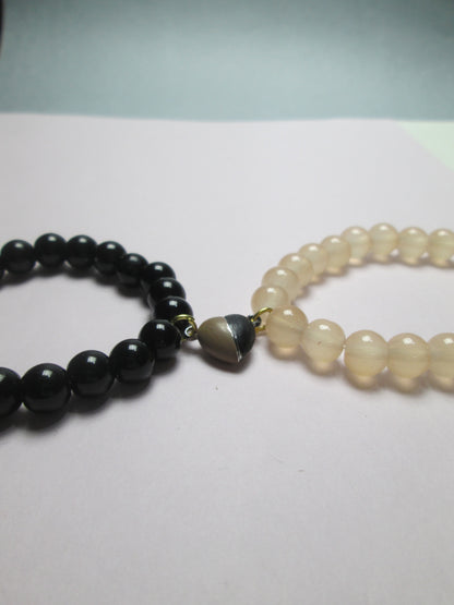 Couple Adjustable Bracelet Set with Half-Heart Charms | Black & Beige Beaded Matching Bracelets+ 1 FREE GIFT