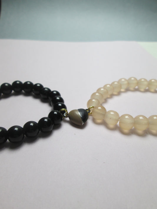 Couple Adjustable Bracelet Set with Half-Heart Charms | Black & Beige Beaded Matching Bracelets+ 1 FREE GIFT