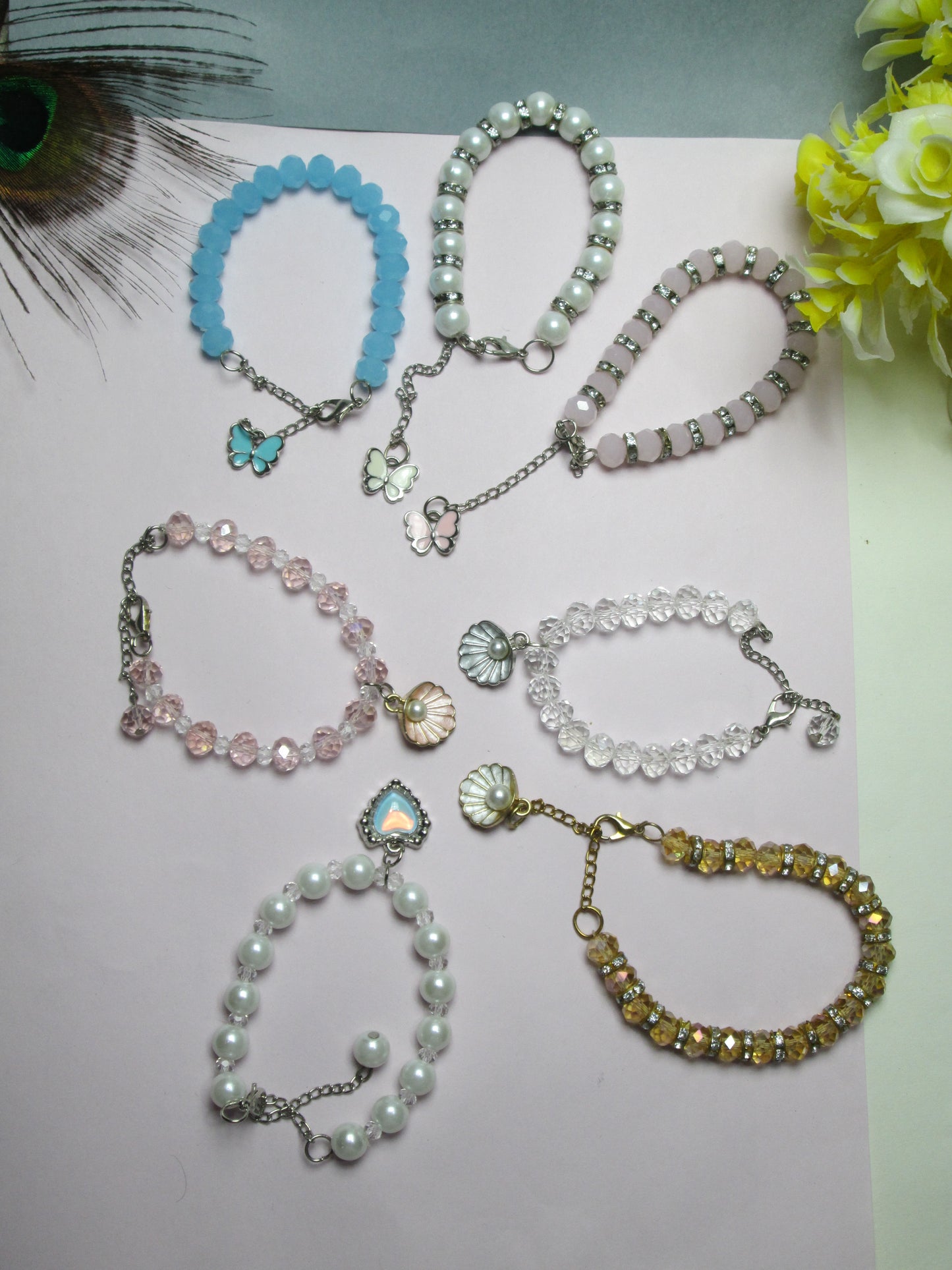 Pack Of 7 Beaded Bracelet Set | Butterfly, Pearl & Shell Crystal Bead  Bracelets for Girls & Women + 1 FREE GIFT