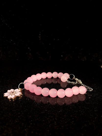 Pink Bead Bracelet with pink flower Charm + 1 FREE GIFT