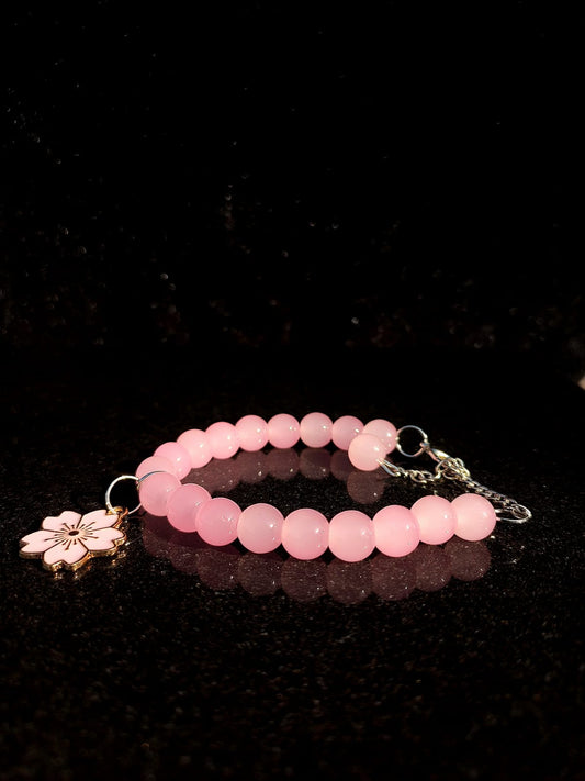 Pink Bead Bracelet with pink flower Charm