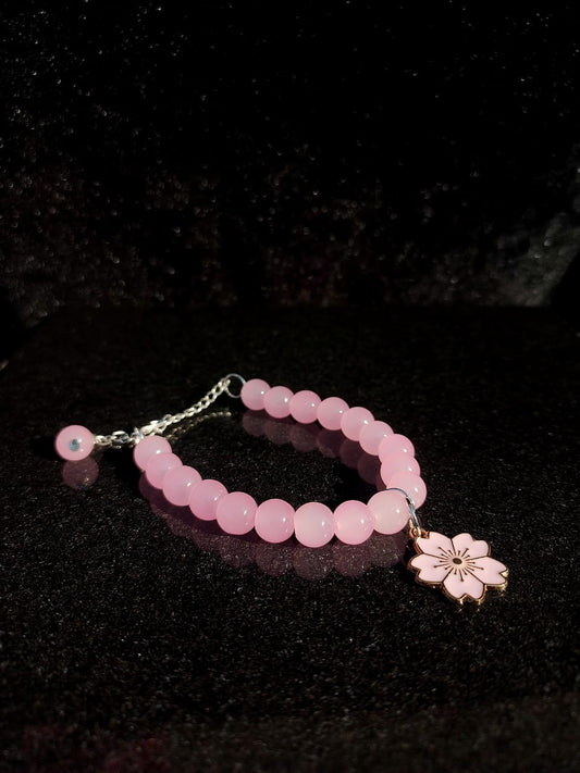 Pink Bead Bracelet with pink flower Charm + 1 FREE GIFT