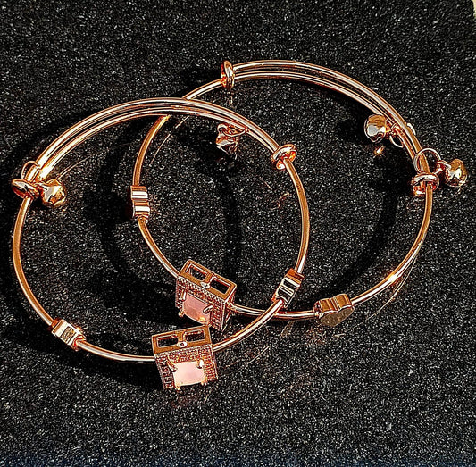 Gold plated Alloy 2 Bangle with Pink Faux Gemstone