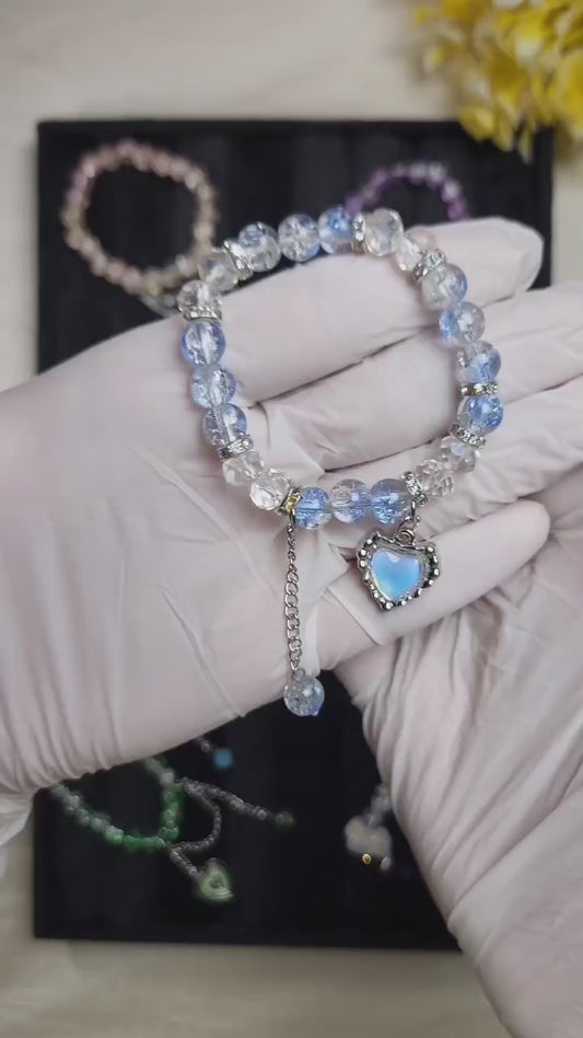 Blue Heart Glow – Blue crack beads with opal heart charm + 1 FREE GIFT